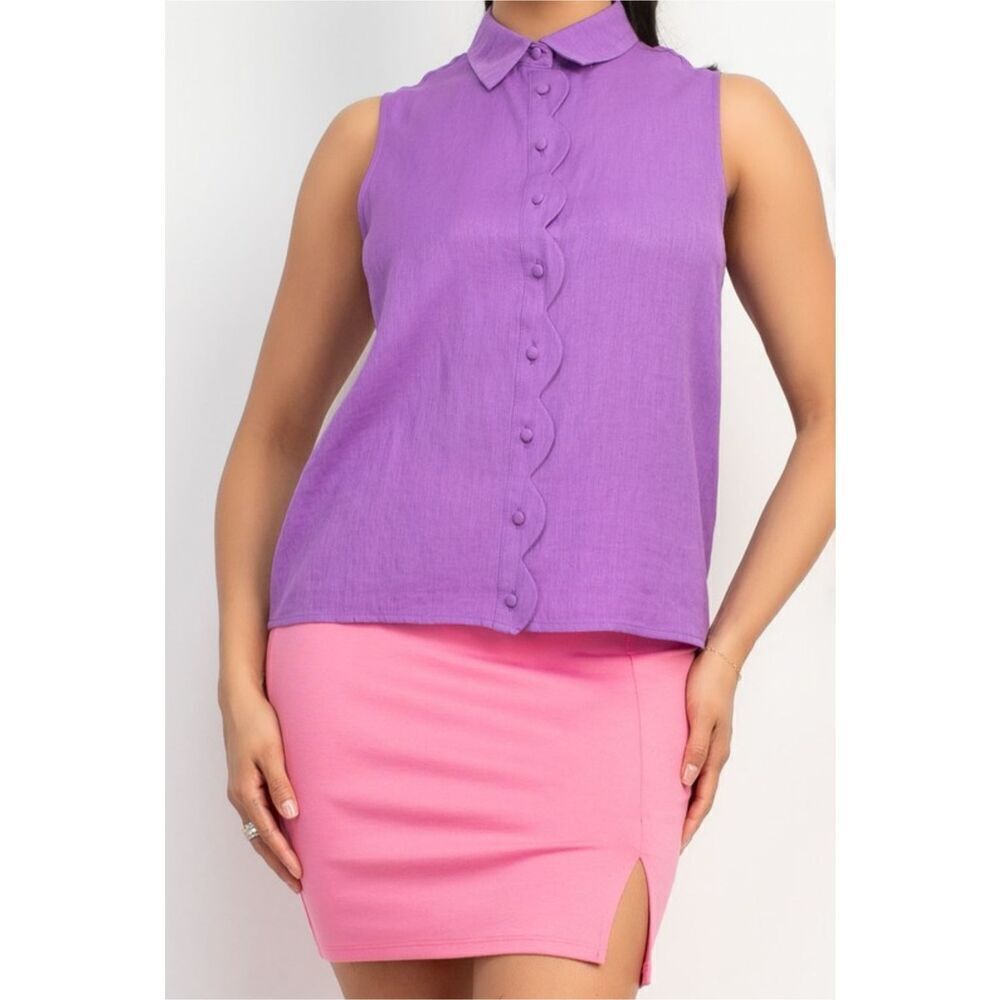 Purple collared sleeveless button down shirt